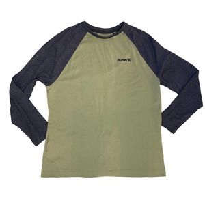 Hurley Men's Long Sleeved Green Gray T Shirt Tee Crew Neck Logo Size Large